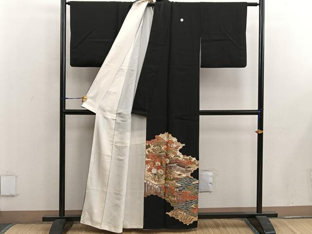 平和屋着物■豪華黒留袖 駒刺繍 風景花文 金彩 正絹 逸品 BAAX1397mz