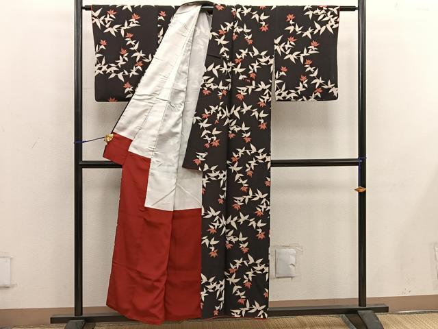 平和屋着物■上質な小紋 草葉文 黒地 正絹 逸品 BAAX1433mz