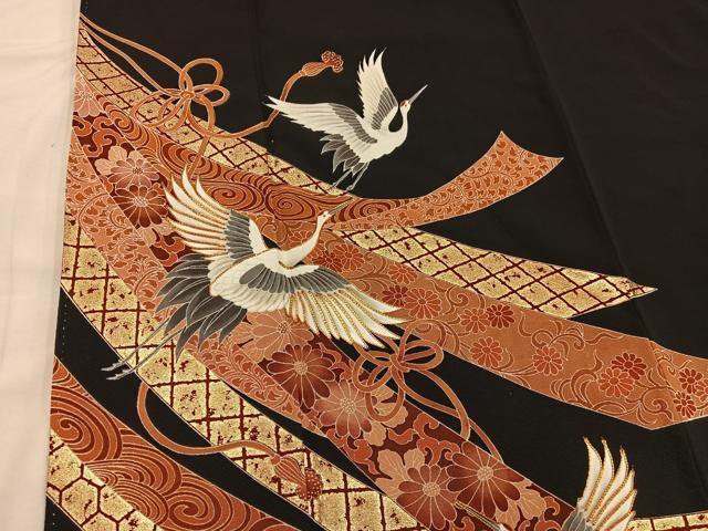 平和屋着物■豪華黒留袖 駒刺繍 飛鶴花文 金彩 正絹 逸品 BAAX1440mz