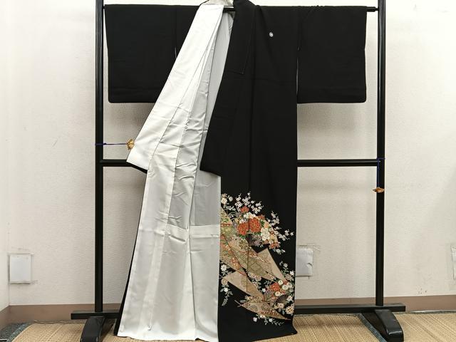 平和屋着物■豪華黒留袖 扇面牡丹花文 金彩 正絹 逸品 BAAX1482mz