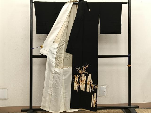 平和屋着物■豪華黒留袖 刺繍 笹の葉文 金彩 正絹 逸品 BAAX1484mz