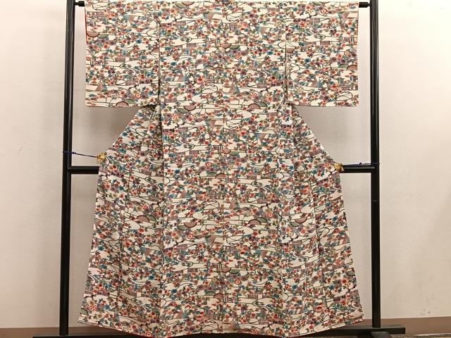 平和屋着物■上質な小紋 型染め 風景花文 正絹 逸品 BAAX1500mz