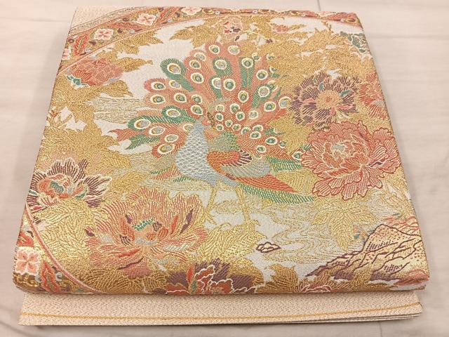 平和屋着物◎太鼓柄袋帯 牡丹園孔雀文 金糸 正絹 逸品 BAAX1532mz