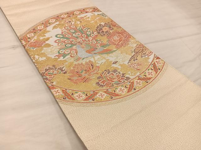 平和屋着物◎太鼓柄袋帯 牡丹園孔雀文 金糸 正絹 逸品 BAAX1532mz