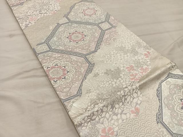 平和屋着物◎六通柄袋帯 蜀江花文 銀糸 正絹 逸品 BAAX1573mz