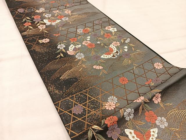 平和屋着物◎六通柄袋帯 唐織 舞蝶花文 金糸 正絹 逸品 BAAX1575mz