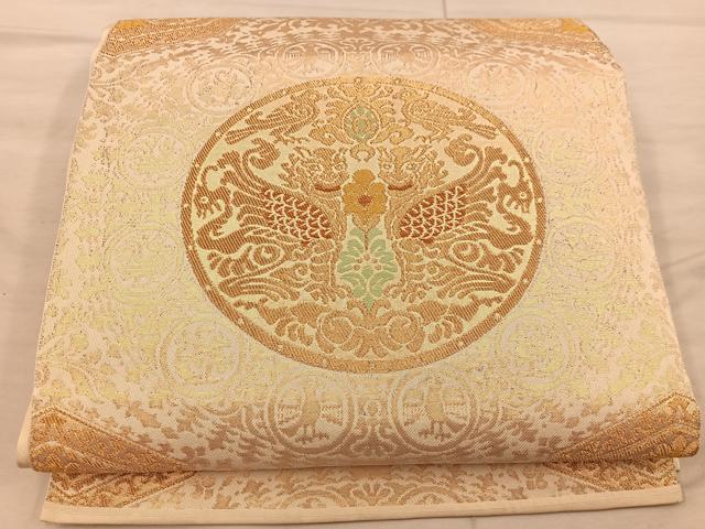 平和屋着物◎全通柄 本袋帯 向かい鳥丸文 金糸 正絹 逸品 BAAX1577mz