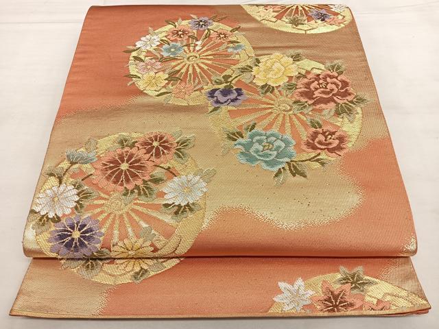 平和屋着物◎六通柄袋帯 唐織 源氏車花文 金糸 正絹 逸品 BAAX1622qw