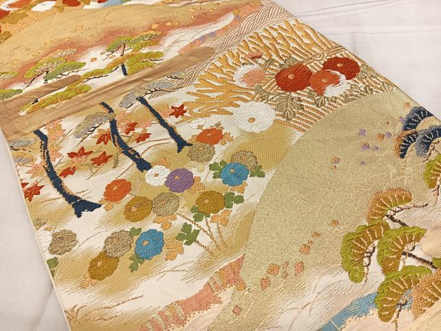 平和屋着物◎六通柄袋帯 唐織 遠山草花文 金糸 正絹 逸品 BAAX1632qw