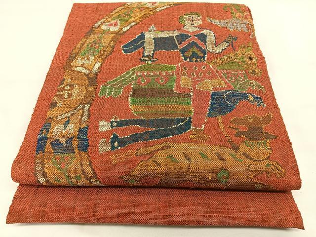 平和屋着物◎八寸名古屋帯 紬地 狩猟文 銀糸 正絹 逸品 BAAX1639qw
