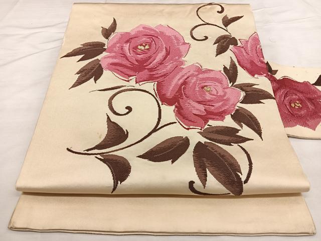 平和屋着物◎九寸名古屋帯 唐織 薔薇 金糸 正絹 逸品 BAAX1644qw