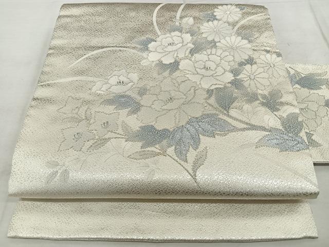 平和屋着物◎中国三大刺繍 相良刺繍 九寸名古屋帯 草花文 銀糸 正絹 逸品 BAAX1652qw
