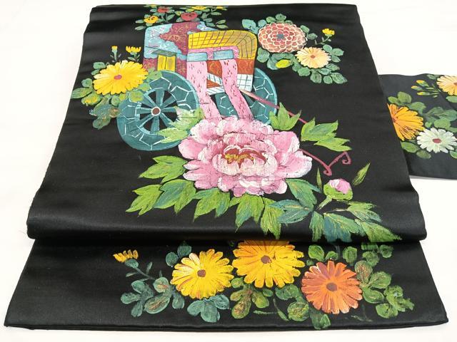 平和屋着物◎九寸名古屋帯 手描き 草花御所車文 黒地 金彩 正絹 逸品 BAAX1655qw