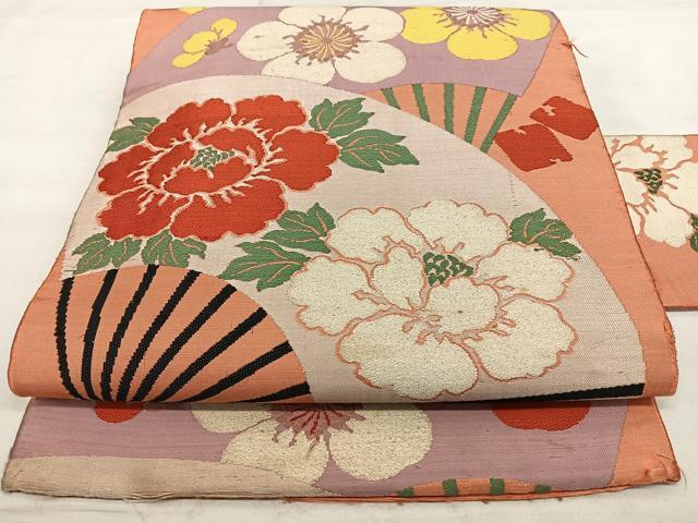 平和屋着物◎アンティーク 九寸名古屋帯 扇面花文 正絹 逸品 BAAX1659qw