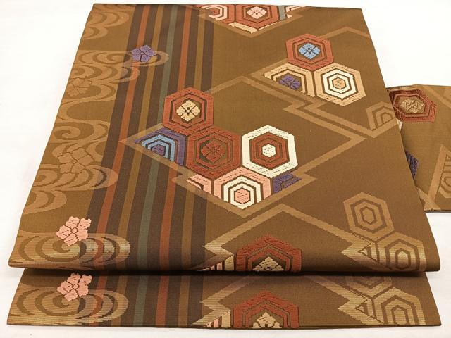 平和屋着物◎九寸名古屋帯 唐織 松皮菱亀甲文 金糸 正絹 逸品 BAAX1661qw