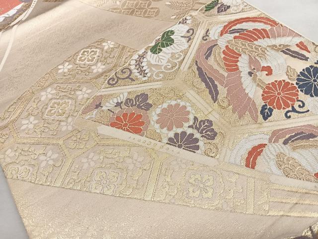 平和屋着物◎西陣 六通柄袋帯 唐織 扇面花鳥文 金糸 引箔 正絹 逸品 BAAX1688qw