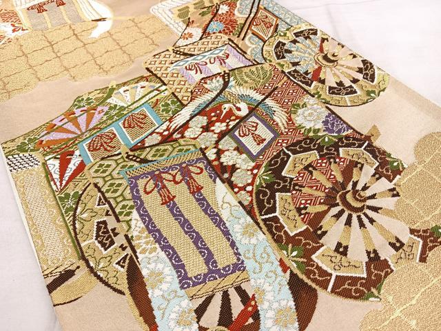 平和屋着物◎六通柄袋帯 唐織 雲取り御所車文 金銀糸 正絹 逸品 BAAX1692qw