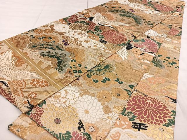 平和屋着物◎アンティーク 丸帯 扇面花鳥文 金糸 正絹 逸品 BAAX1719qw
