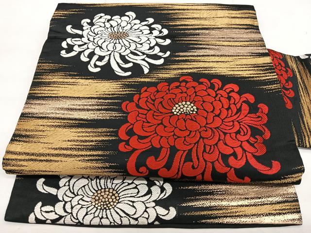 平和屋着物◎九寸名古屋帯 唐織 乱菊 黒地 金糸 正絹 逸品 BAAX1725qw