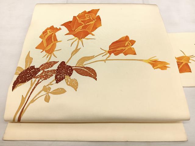 平和屋着物◎塩瀬 九寸名古屋帯 ろうけつ染め 薔薇 正絹 逸品 BAAX1726qw