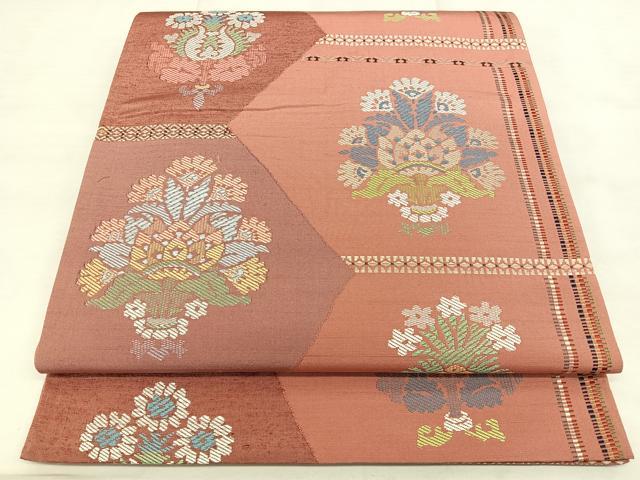 平和屋着物◎六通柄袋帯 紬地 草花文 正絹 逸品 BAAX1742qw