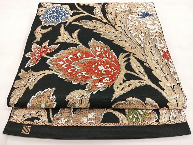 平和屋着物◎六通柄袋帯 唐織 更紗唐草文 黒地 金糸 正絹 逸品 BAAX1744qw