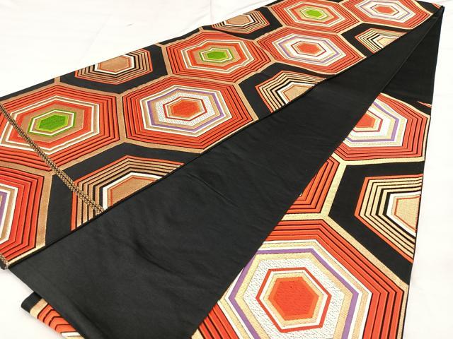 平和屋着物◎六通柄袋帯 唐織 亀甲重ね文 黒地 金糸 正絹 逸品 BAAX1756qw