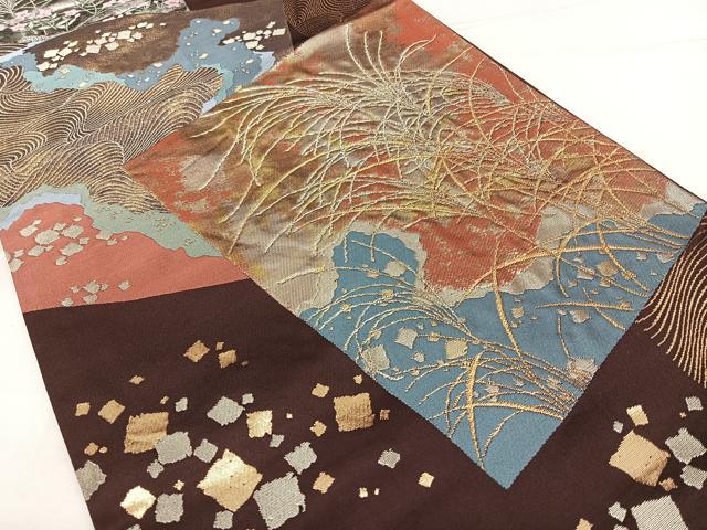 平和屋着物◎六通柄袋帯 唐織 四季重ね色紙図 金銀糸 引箔 正絹 逸品 BAAX1784qw