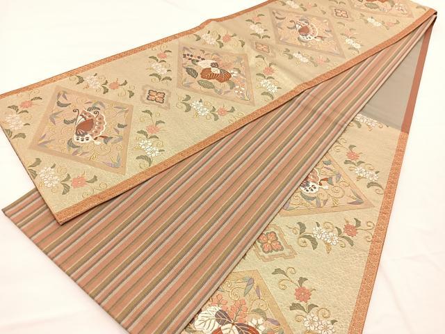 平和屋着物◎六通柄袋帯 唐織 ふくれ織 花蝶唐草菱文 金糸 正絹 逸品 BAAX1830hv