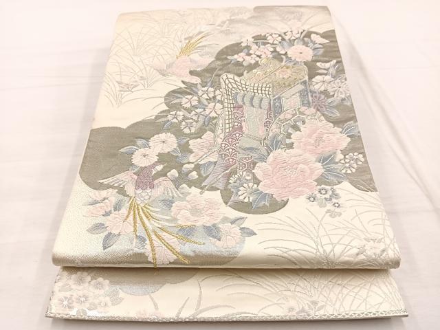 平和屋着物◎六通柄袋帯 唐織 京どんす 鳳凰御所車花文 プラチナ箔 二重織 正絹 逸品 BAAX1836hv