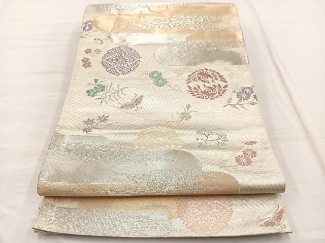 平和屋着物◎西陣 六通柄袋帯 立波花鳥丸文 金銀糸 正絹 逸品 BAAX1837hv