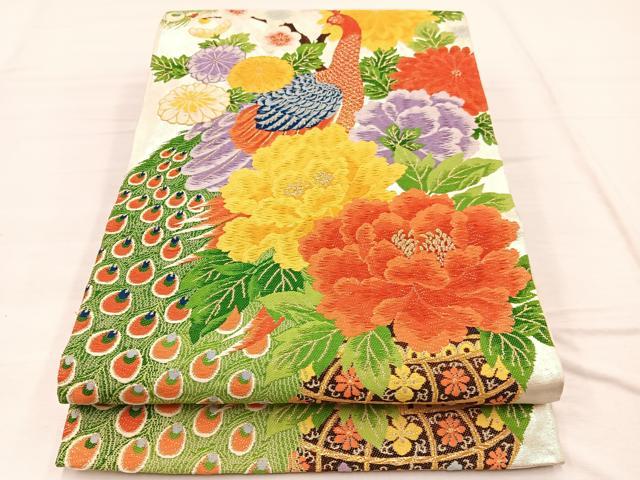 平和屋着物◎六通柄袋帯 唐織 孔雀花籠文 金銀糸 正絹 逸品 BAAX1895hv