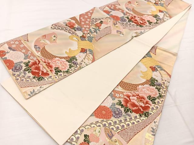 平和屋着物◎六通柄袋帯 唐織 花飾熨斗紋 金糸 正絹 逸品 BAAX1904hv