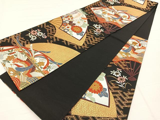 平和屋着物◎六通柄袋帯 唐織 鳳凰扇面花文 黒地 金糸 正絹 逸品 BAAX1910hv