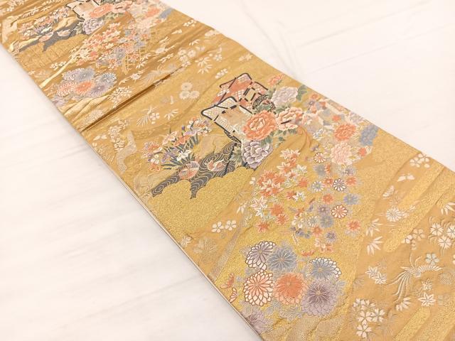 平和屋着物◎六通柄袋帯 唐織 御所車花絵巻文 金銀糸 正絹 逸品 BAAX1941hv