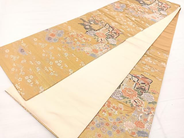 平和屋着物◎六通柄袋帯 唐織 御所車花絵巻文 金銀糸 正絹 逸品 BAAX1941hv