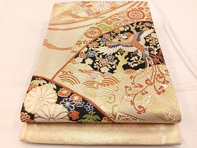 平和屋着物◎六通柄袋帯 唐織 鳳凰扇面花文 金糸 正絹 逸品 BAAX2009hv