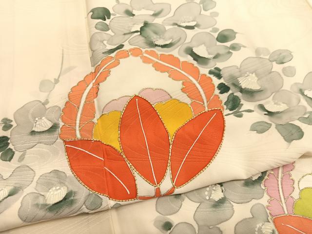 平和屋着物■訪問着 手描き 駒刺繍 光琳椿花文 金彩 正絹 逸品 BAAX2058hv