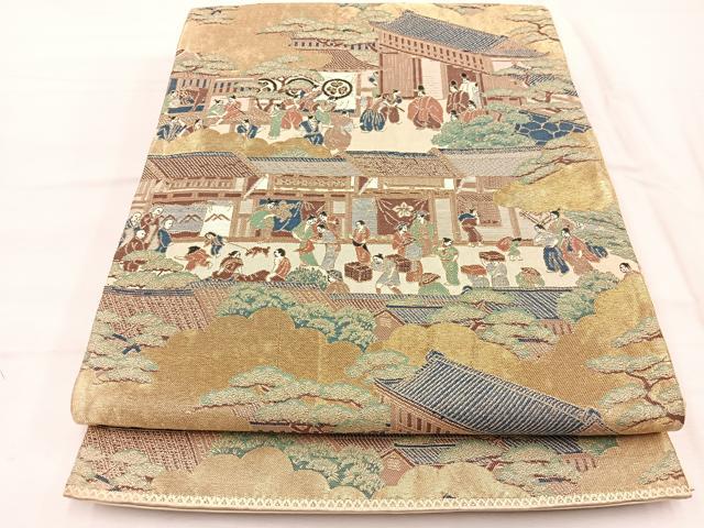 平和屋本店▼六通柄袋帯　人物風景文　本金二重箔　正絹　24ｋ　逸品　DABD3388sf 平和屋本店▽六通柄袋帯 人物風景文 本金二重箔 正絹 24k 逸品
