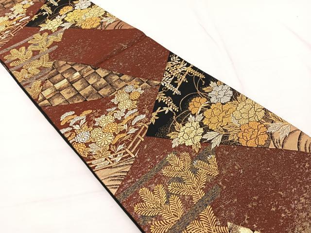 平和屋着物◎六通柄袋帯 裂取四季蒔絵 黒地 金銀糸 正絹 逸品 BAAX2235hv