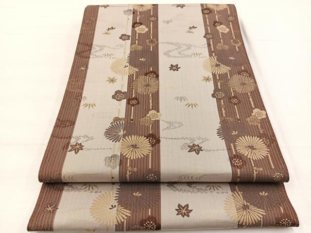 平和屋着物◎西陣 全通柄袋帯 竜田川松梅文 金糸 正絹 逸品 未使用 BAAX2238hv