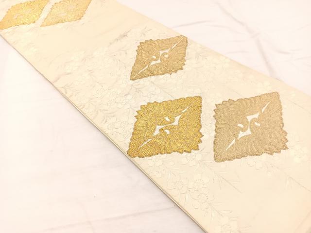 平和屋着物◎六通柄袋帯 唐織 枝垂れ桜双鶴文 金銀糸 正絹 逸品 BAAX2261hv