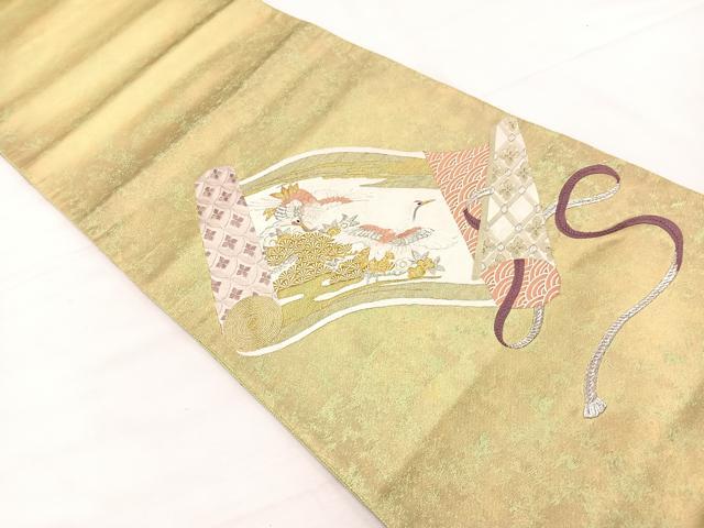 平和屋着物▼太鼓柄袋帯 総刺繍 鶴花絵巻文 金銀糸 正絹 逸品 BAAX2295hv
