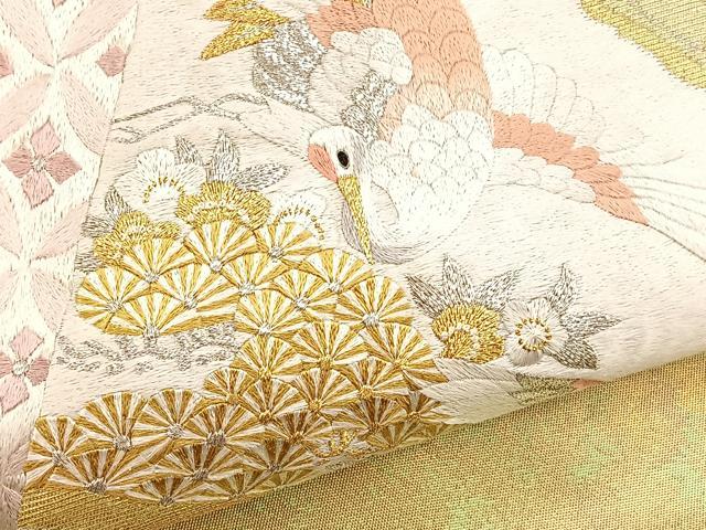平和屋着物▼太鼓柄袋帯 総刺繍 鶴花絵巻文 金銀糸 正絹 逸品 BAAX2295hv