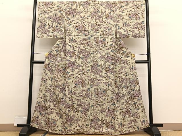 平和屋着物■上質な小紋 型染め 人物風景文 お召縮緬 正絹 逸品 BAAX2322hv