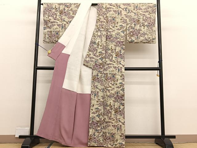 平和屋着物■上質な小紋 型染め 人物風景文 お召縮緬 正絹 逸品 BAAX2322hv