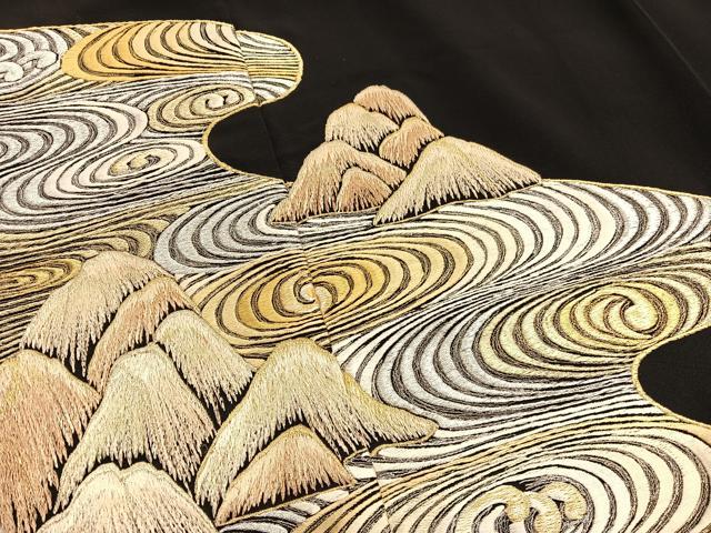 平和屋着物■豪華黒留袖 総刺繍 流水文 金銀糸 正絹 逸品 BAAX2350hv