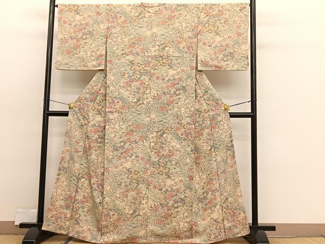 平和屋着物■上質な小紋 手描き 風景花文 金彩 鬼しぼ縮緬 正絹 逸品 BAAX2419hv