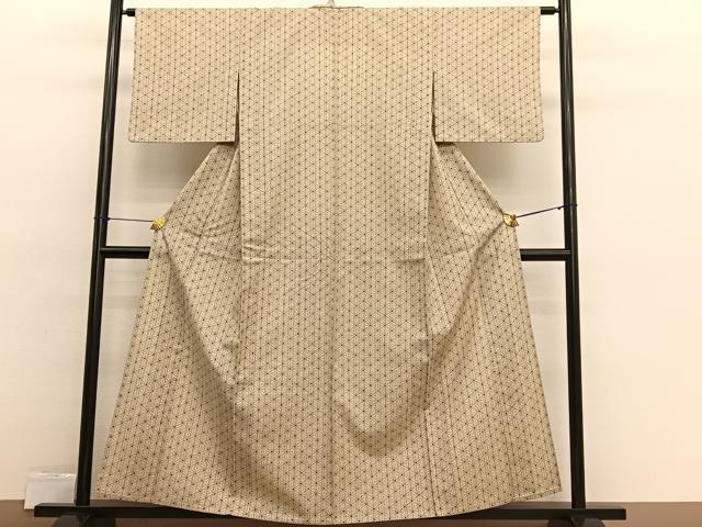 平和屋着物▽上質な小紋 単衣 紬地 麻の葉文様 正絹 逸品 BAAX2560hv