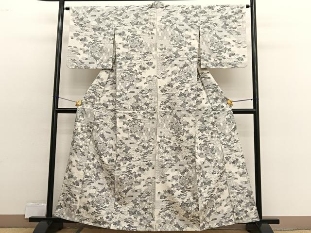 平和屋着物▽小千谷紬 本真綿織 単衣 有職花文 反端付き 正絹 逸品 BAAX2561hv